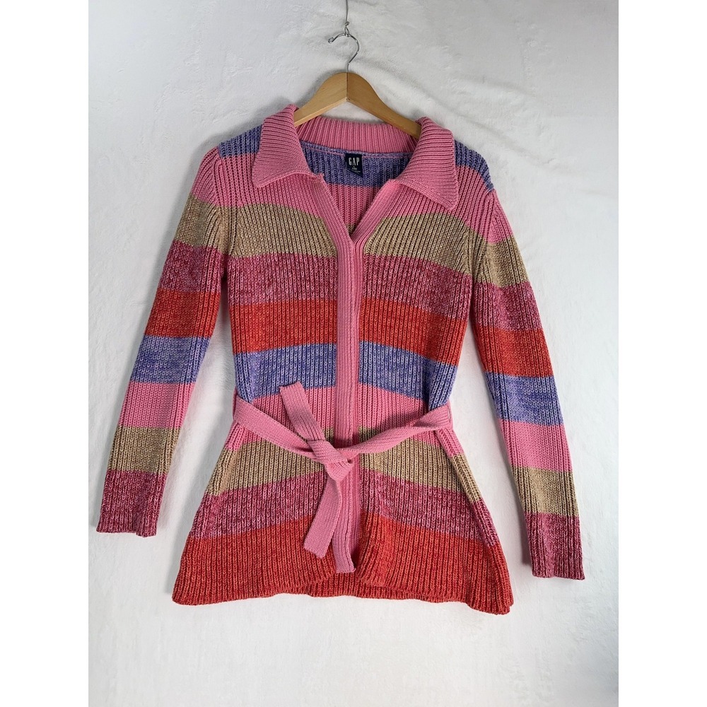 Gap Sweater Womens Large Multicolor Striped Belted Full Zip Collared Cardigan